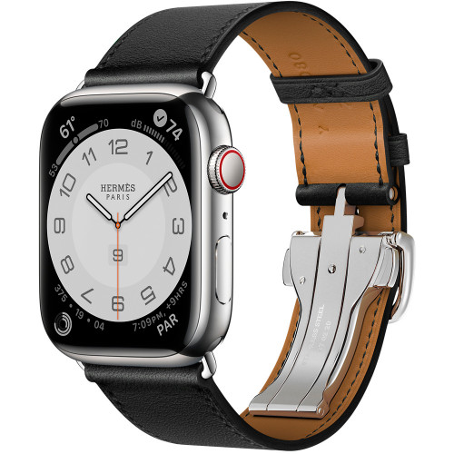 Apple Watch Hermes Series 7 GPS+Cellular 45mm Silver Stainless Steel Case with Noir Swift Leather Single Tour Deployment Buckle (MKMV3)