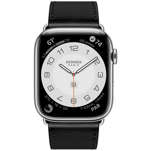 Apple Watch Hermes Series 7 GPS+Cellular 45mm Silver Stainless Steel Case with Noir Swift Leather Single Tour Deployment Buckle (MKMV3)